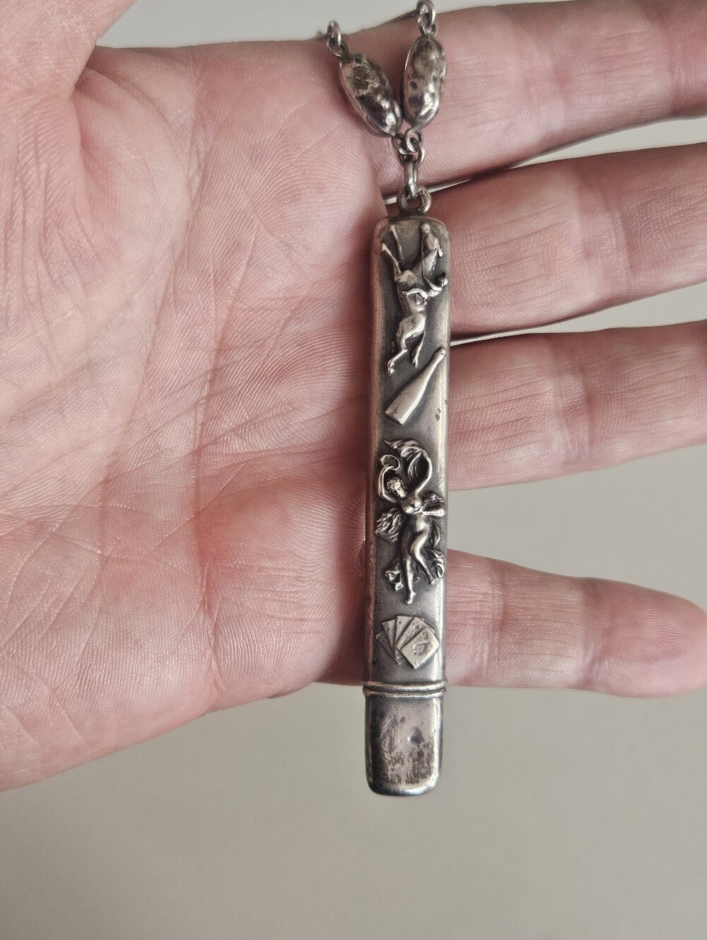 Antique Victorian Sterling Repousse Pencil Pendant Unique 24" Chain Necklace - Picture 12 of 12